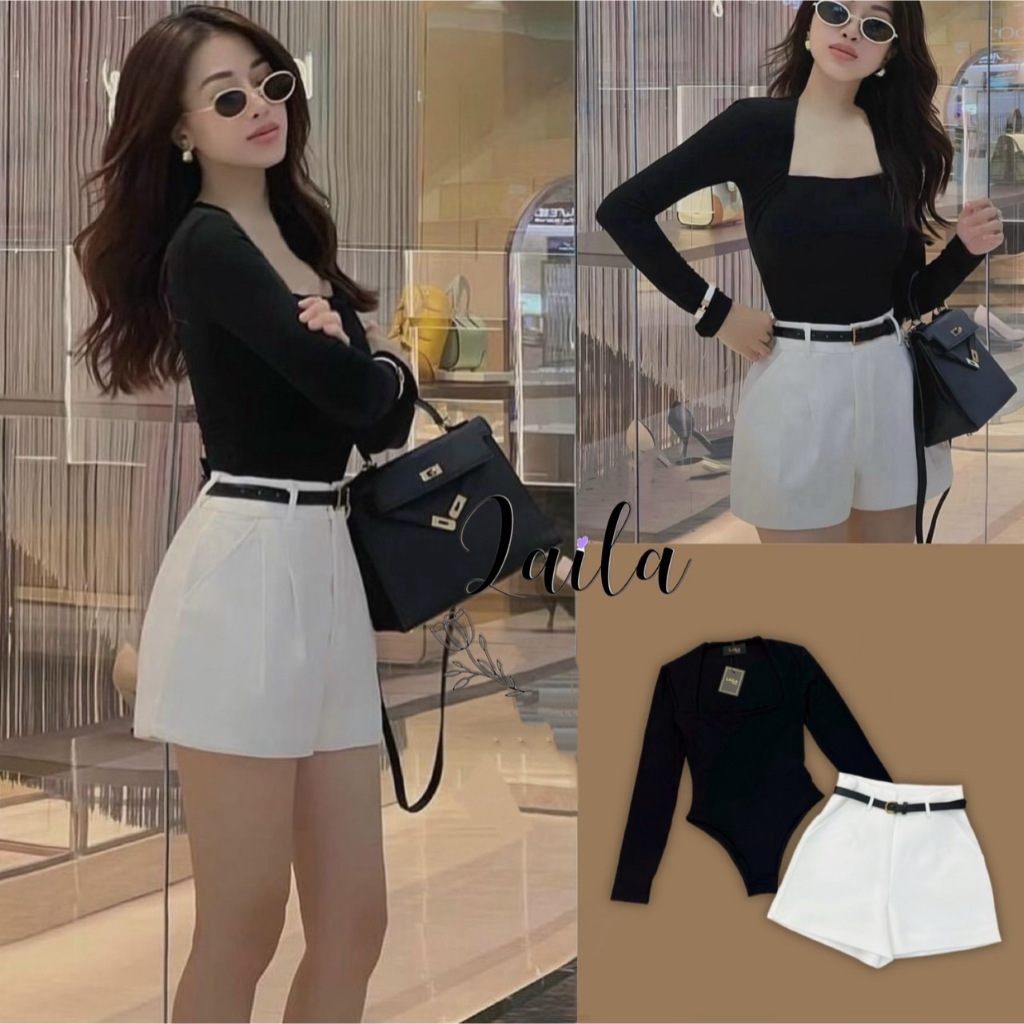 LL178 LAILA Brand Set 3 pcs เสื้อแขนยาวบอดี้สูท + กางเกงขาสั้นสีขาว + เข็มขัด [2PM]