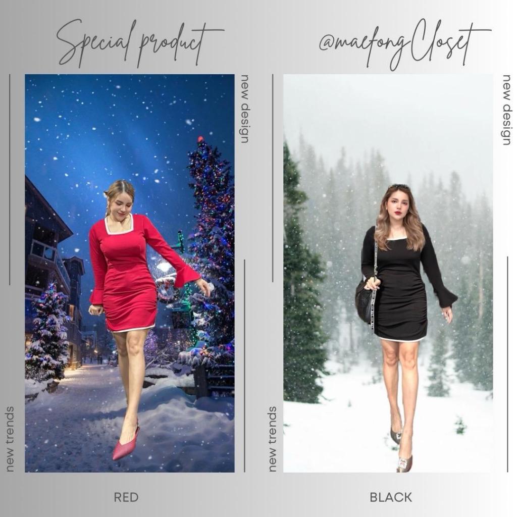 เดรสสีพื้นขอบขาว รูดข้าง แขนกระดิ่งยาว สาวอวบ Dress43