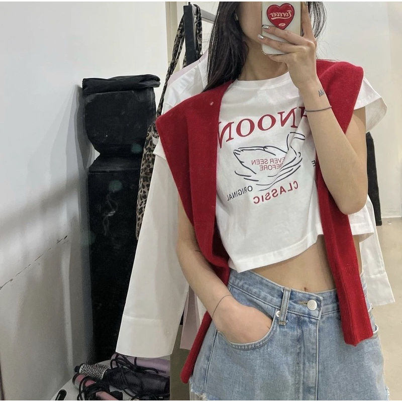 Sinoon crop k style t-shirt 🍒🦢เสื้อยืด ครอป ผ้าคอตตอน สไตล์เกาหลี ✨ สินค้าพร้อมส่ง