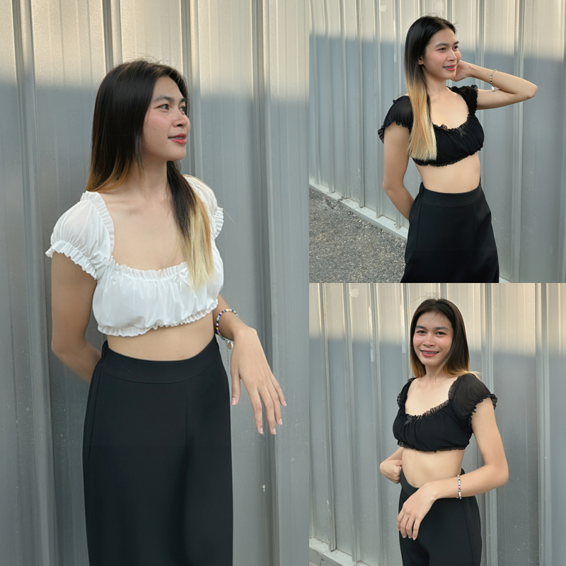 SpinnyHouse เสื้อครอปแขนตุ๊กตา ทรงสาวเวียดสุด ผ้ายืดเยอะ แต่งโบว์ช่วงอก โบว์รัก B-007-3-B