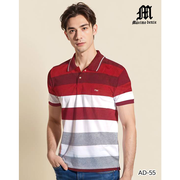 เสื้อโปโลแขนสั้นผู้ชายมีกระเป๋า Maximo Dente คอปก ลายริ้ว คลาสสิค สไตล์ยุโรป สำหรับผู้ใหญ่ รุ่น AD-55