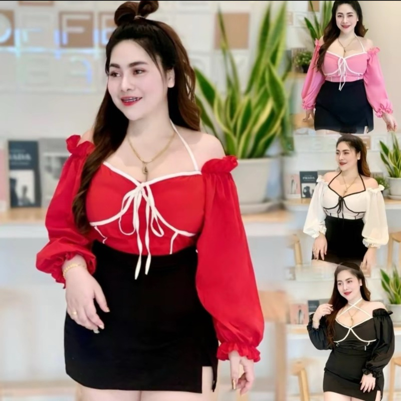 เสื้อคิ้วท์ๆแอบแซ่บดึงสม็อคเต็มหลัง สายผูกคอ อก“36-46”