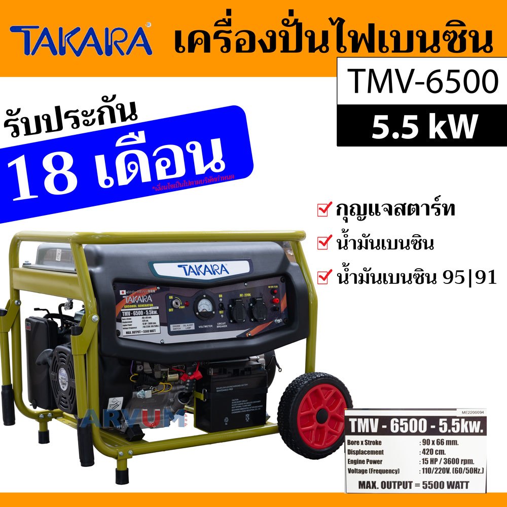 TAKARA เครื่องปั่นไฟ กำเนิดไฟฟ้า ปั่นไฟเบนซิน 5500 W (15 HP) รับประกันนานถึง 18 เดือน รุ่น TMV-6500 (มีล้อ)