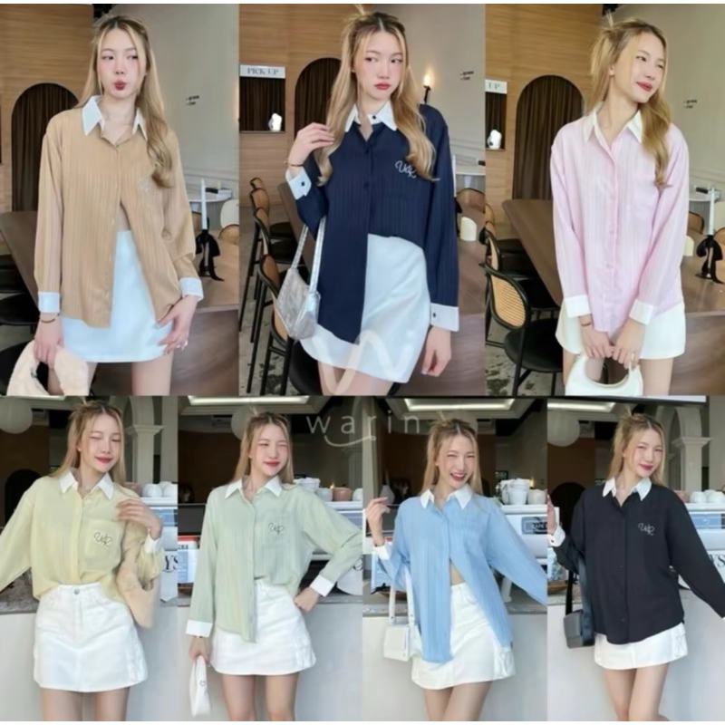 T-P10เสื้อเชิ้ตแขนยาวทูโทนงานปักWR