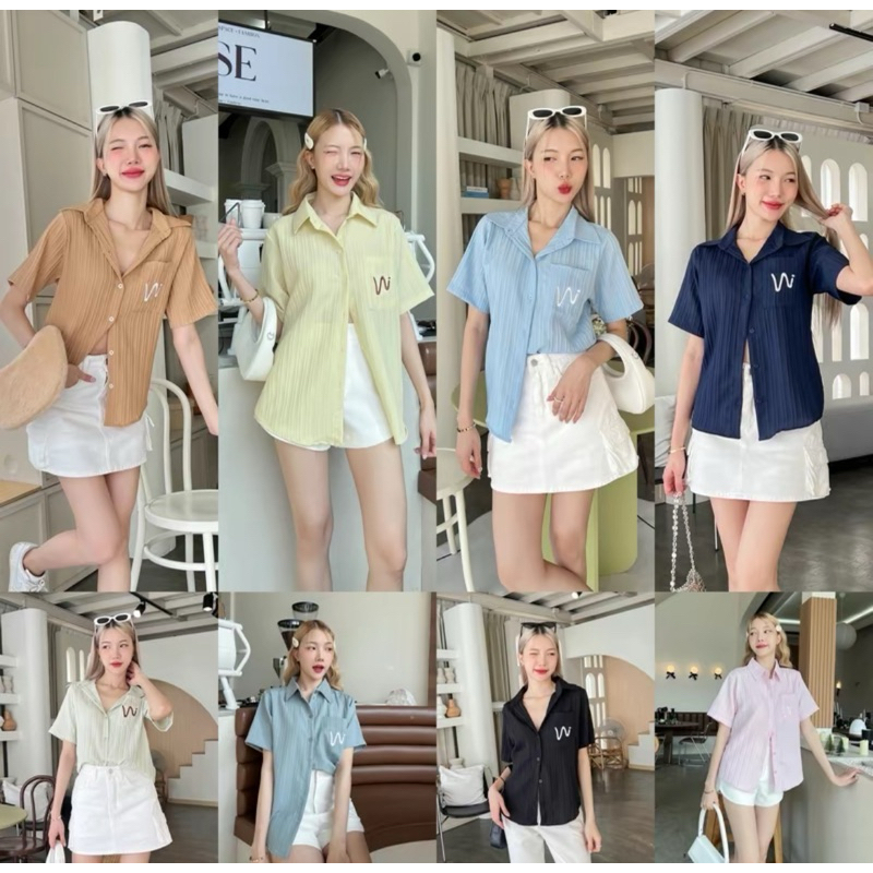 T-P007เสื้อเชิ้ตคอปกแขนสั้นลายปักกระเป๋าW