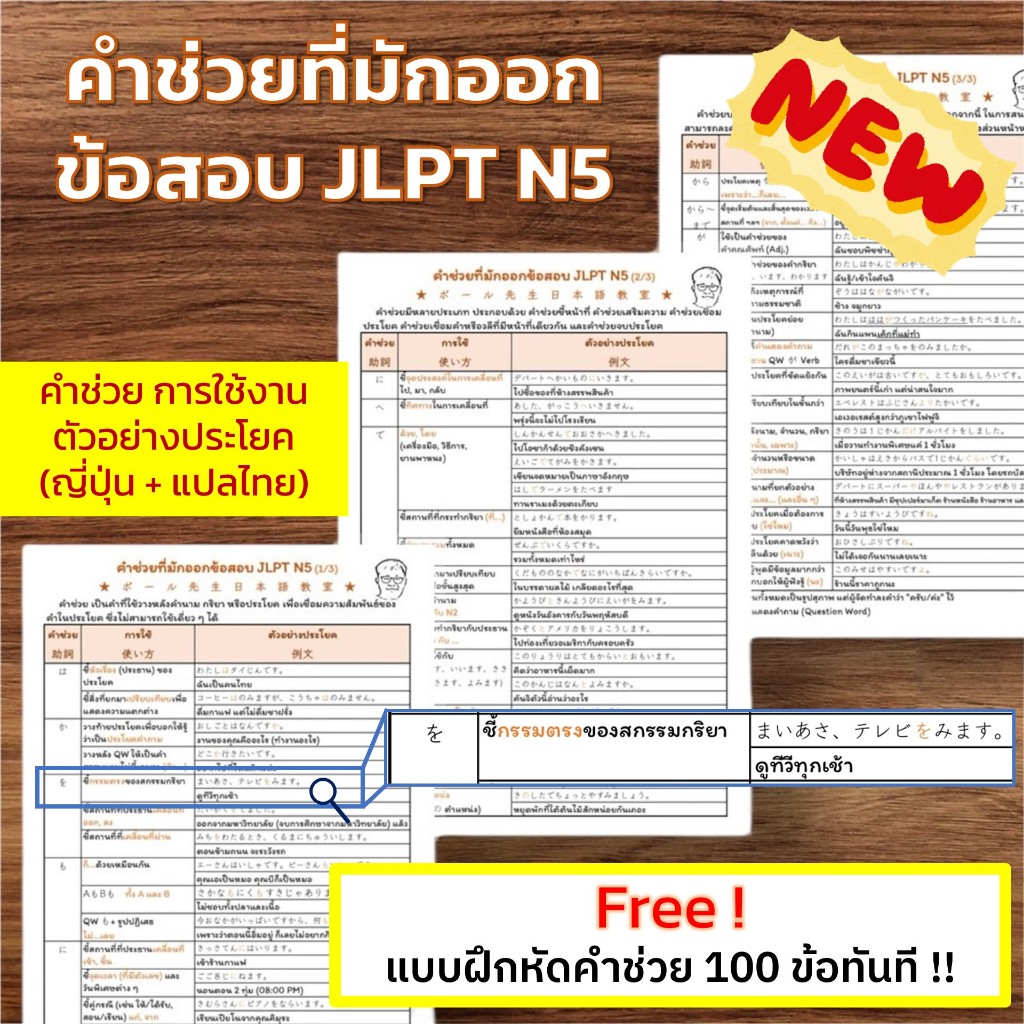 JLPT N5 คำช่วยภาษาญี่ปุ่นที่มักออกข้อสอบ ! ขนาด A4 (พร้อมเคลือบ)