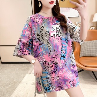 เสื้อยืดคอกลมเเขนสั้น 🦖เสื้อมัดย้อม Oversize ลายการ์ตูนไดโนเ…