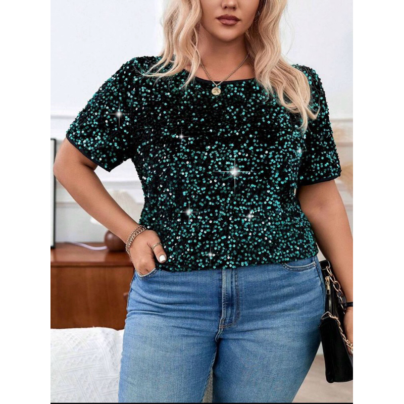 SHEIN VCAY พลัสไซส์ เสื้อเชิ้ต ผู้หญิง เลื่อม แขนสั้น สีเขียว