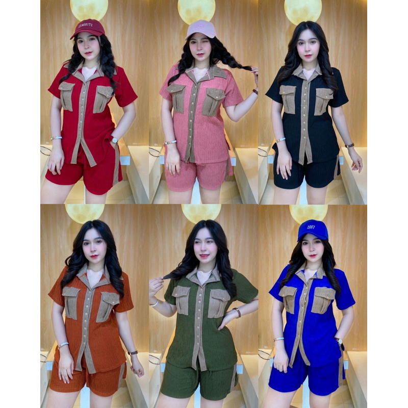 IVY ชุดผ้าท๊อฟฟี่ตัวแพง สุดฮิต เสื้อเชิ้ตคอปกแขนสั้นทูโทน + กางเกงขาสั้นแต่งแถบมีกระเป๋า 2 ข้าง