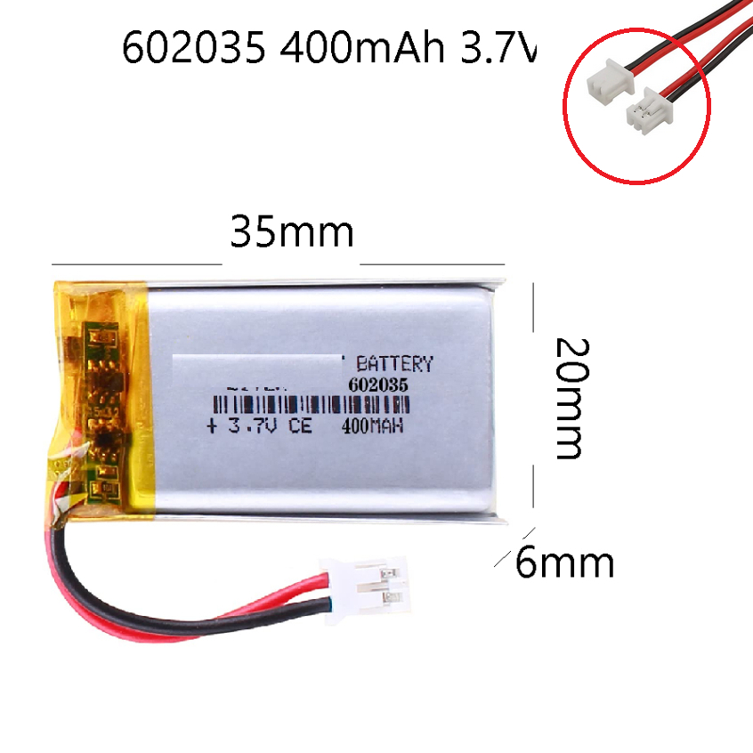แบตเตอรี่ 602035 3.7V 400mAh เข้าหัว jst 1.25 แบตเตอรี่กล้องติดรถยนต์ ลำโพง MP3 GPS MP4