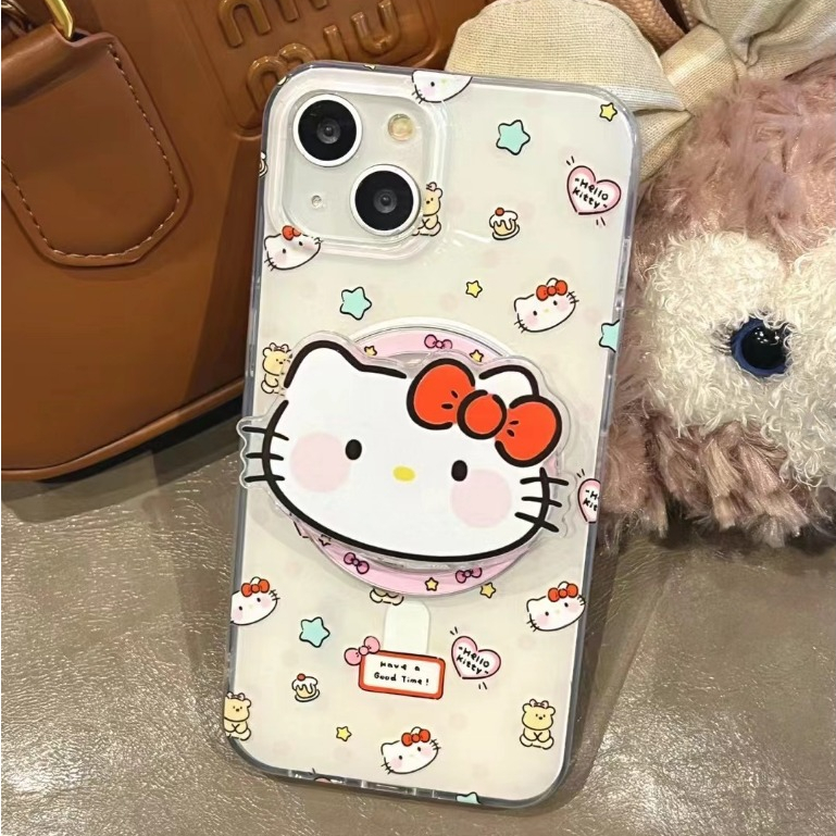 จัดส่งภายใน24ชม แรงแม่เหล็ก การ์ตูน Hello Kitty ขาตั้ง สีชมพู iPhone 11 15 pro max หวานสวย น่ารัก case for iPhone 12 13