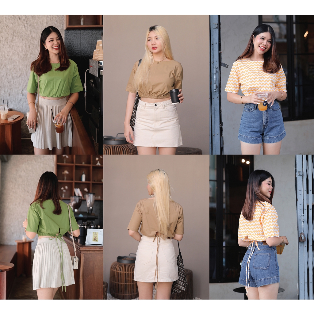 [Sale ปกติ 590 เหลือ 200 บาท] เสื้อจั๊มเอวผ่าชายหลังมัดโบ พร้อมส่ง : สีเขียว ,  สีน้ำตาล , ลายหยักเขียว - NUMBERSEVEN