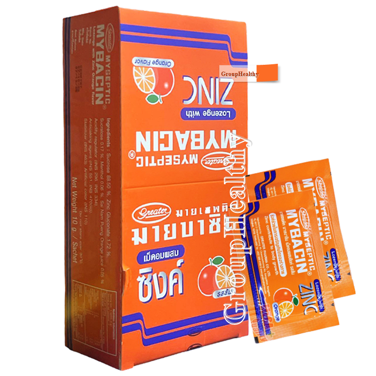 Mybacin Zinc (รสส้ม) มายบาซิน ซิงค์ ช่วยเสริมสร้างภูมิคุ้มกันให้กับร่างกาย (ยาสามัญประจำบ้าน)10 เม็ด/ซอง 40 ซอง 1 กล่อง