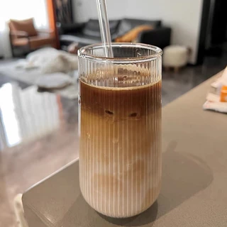 แก้วใสลายตรง แก้วกาแฟ ทรงกลม ทนความร้อน สีโปร่งใส แบบเรียบง่าย 500ml