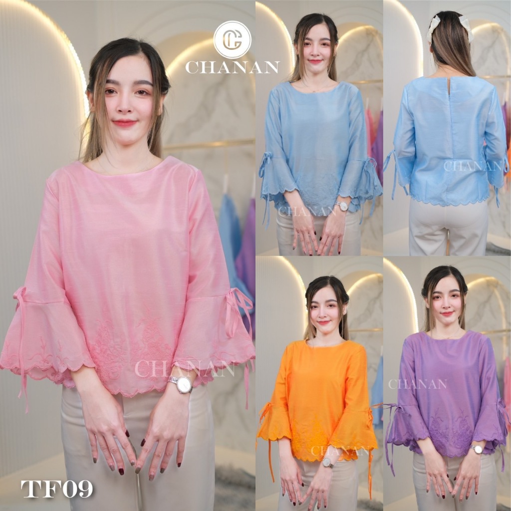 Chanan เสื้อคอตตอนนิ่มญี่ปุ่น คอกลม แต่งโบว์ผูก สีสวย เสื้อใส่ออกงาน ใส่งานบุญ เสื้อผู้ใหญ่ เสื้อสวยๆ มี4สี รุ่นTF09