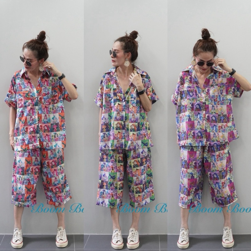 📌ทักก่อนสั่ง📌 ชุดเซท2ชิ้น ผ้าคอตตอนพิมพ์ลาย เสื้อ oversize  อก48“ + กางเกงเอวสม็อค PN