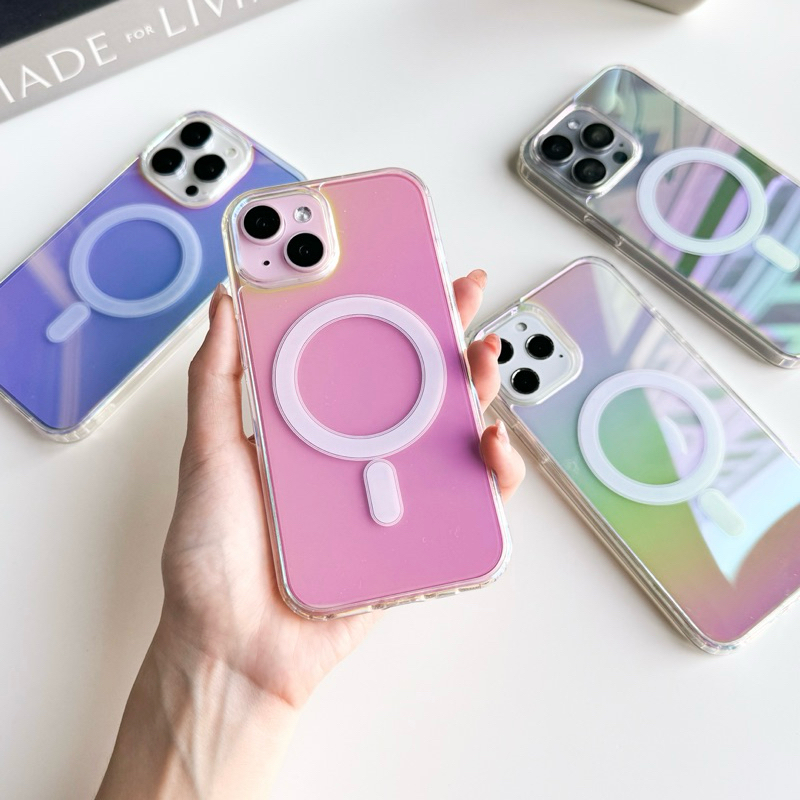 [i17] พร้อมส่ง🦄 T4S24 เคสโฮโลแกรมชาร์จไร้สาย สีรุ้ง hologram เคสแม่เหล็ก เคสเล่นแสง✨ for iPhone เคสไอโฟน 16Plus,17Promax