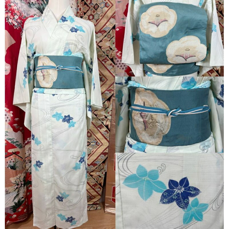 พร้อมส่ง Set Kimono กิโมโน สีฟ้าอ่อน มือสองนำเข้าจากญี่ปุ่น