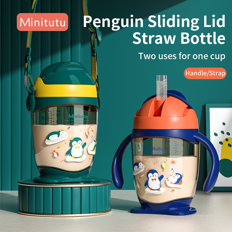 Minitutu ถ้วยหัดดื่มสำหรับเด็กทารกซีรีส์ Penguin ทำจากวัสดุ PP ความจุ 300 มล. พร้อมด้วยหลอดซิลิโคนและสายสะพายไหล่ปรับได้