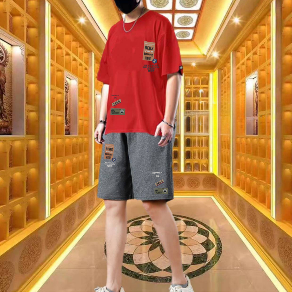 ชุดเสื้อยืดแขนสั้นใส่เที่ยวสงกรานต์+กางเกงขาสั้นสกรีนลายเท่ๆ เสื้อผ้าคอตตอนยืดใส่สบายสีไม่ตก (รหัส 2020 กางเกงสีเทา)