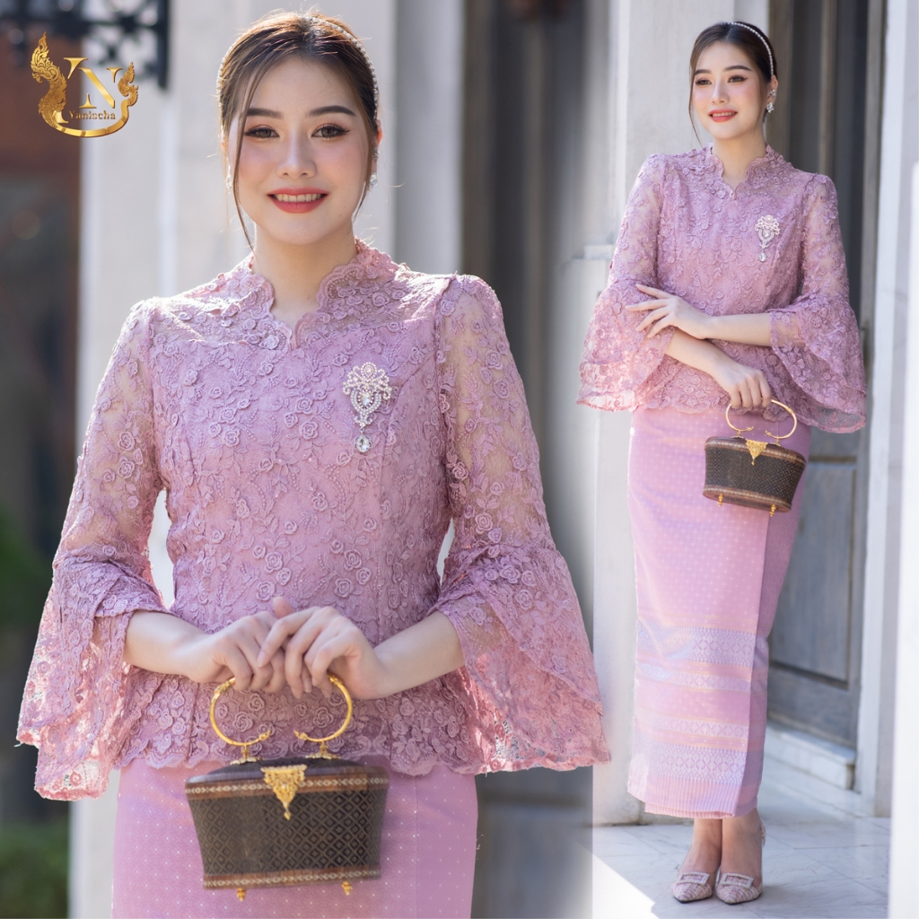 เสื้อลูกไม้ฝรั่งเศสดอกลอย เกรด Premium!! ชุดออกงาน ไปวัด ทำบุญ – ผ้าถุง ทอลาย เย็บสำเร็จ (ชมพู)