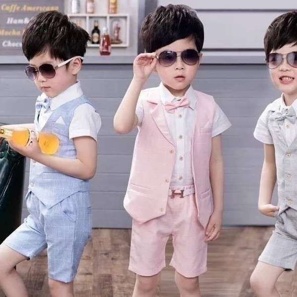 ชุดออกงานเด็กสีฟ้า ชมพู และเทา งาน 4 ชิ้น