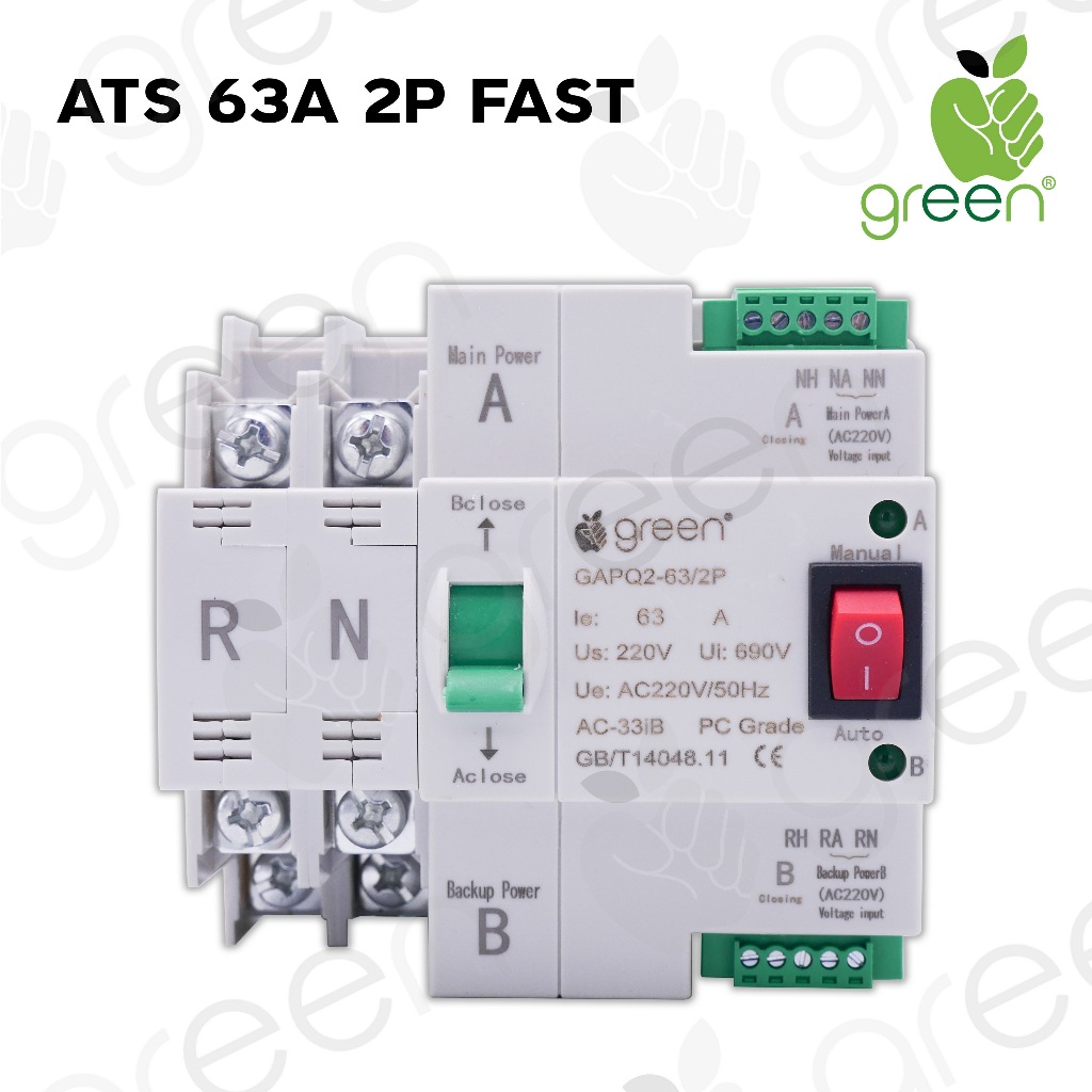 AppleGreen สวิตช์สลับแหล่งจ่ายไฟอัตโนมัติ ชนิดสลับเร็ว ATS Automatic transfer switch 2P 220Vac 63A F