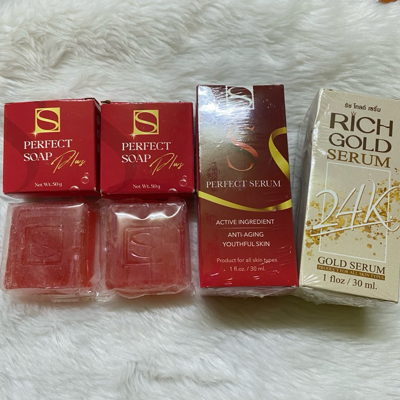 4 กล่อง ริชโกลด์ เอส เซรั่ม เอส สแนล สบู่ สิว ฝ้า กระ ริ้วรอย s serum rich gold 24k serum