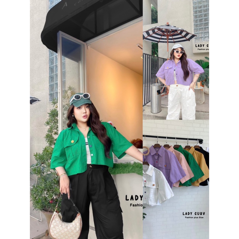 เสื้อเชิ้ตครอปสาวอวบ ดีเทลกระดุมสีรุ้งสุดน่ารัก +เข็มกลัดหน้ายิ้ม ผ้าฝ้ายเนื้อหนา เนื้อผ้าดีมากกก