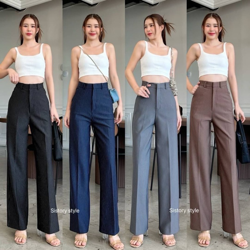 กางเกงกระบอกริ้ว ผ้าโรเชฟ ผ้าทิ้งตัวหนานุ่ม พร้อมส่ง