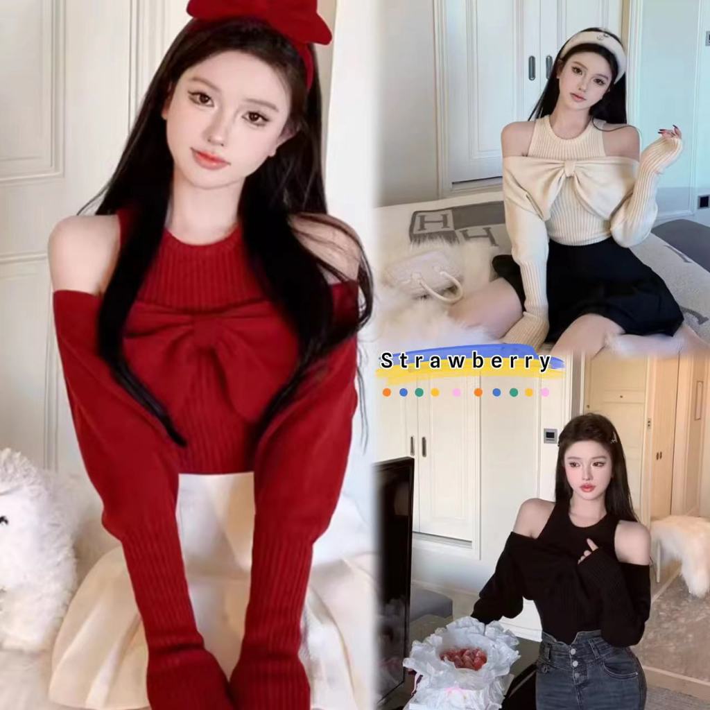 STR พร้อมส่งจากกทม. เสื้อไหมหรม คอกลม แขนยาว เสื้อ2ชิ้น คริสต์มาส สีแดง มี3สี สำหรับผู้หญิง