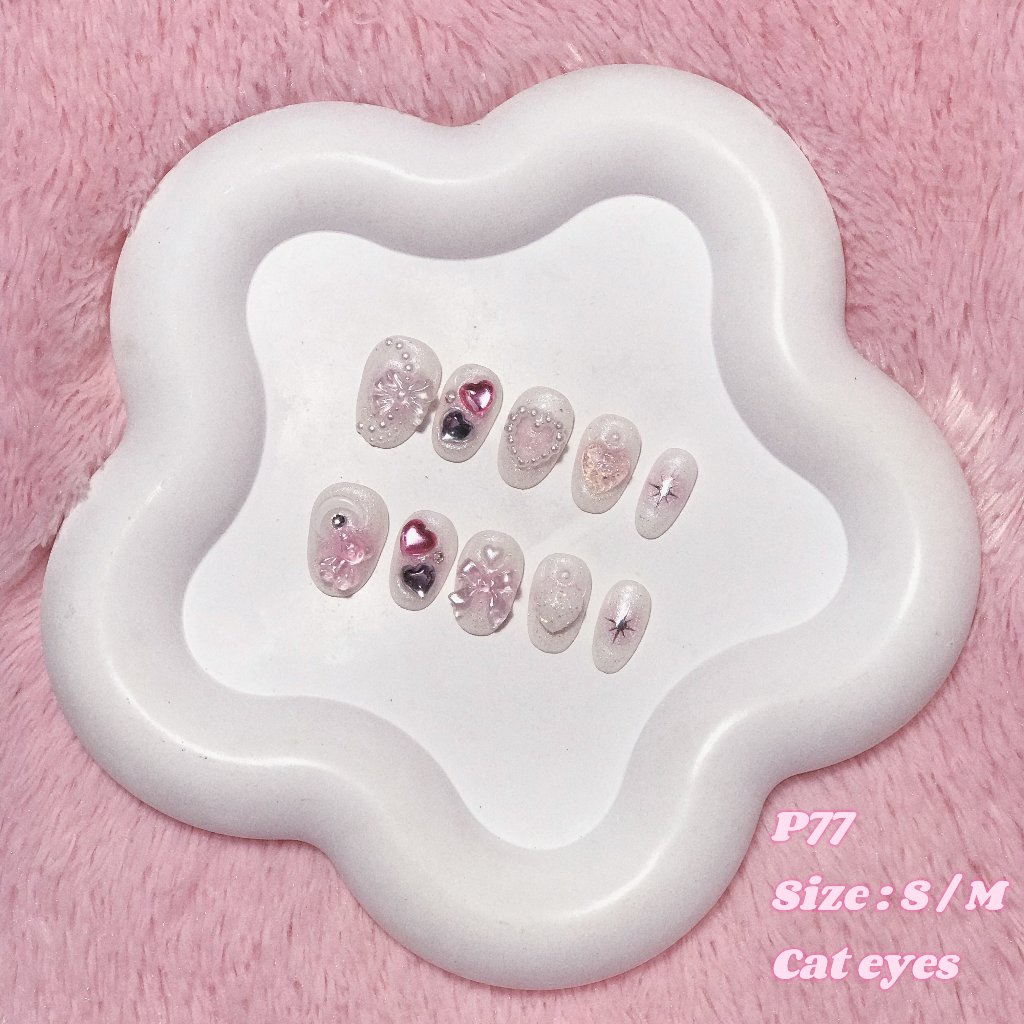 ೀ⋆｡ P77 เล็บเจลปลอมสีชมพูขาวกลิตเตอร์