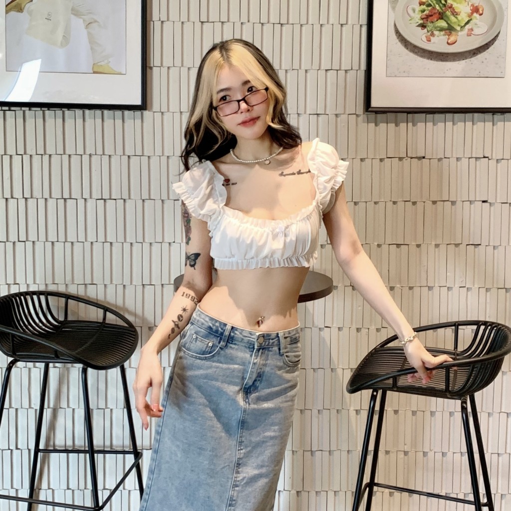 🌈MesubShop🌈เสื้อครอปแขนตุ๊กตา แต่งโบว์ช่วงอกน่ารักมุ้งมิ้ง ผ้ามุ้งยืดเยอะ 🥴 สไตล์เวียดนามม้าก รุ่น โบว์รัก B-002-2-A