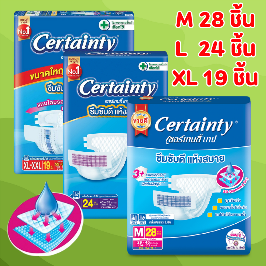 ผ้าอ้อมผู้ใหญ่ Certainty รุ่นขายดี เทป ขนาดจัมโบ้ ไซส์ M (28ชิ้น) , L(24ชิ้น)