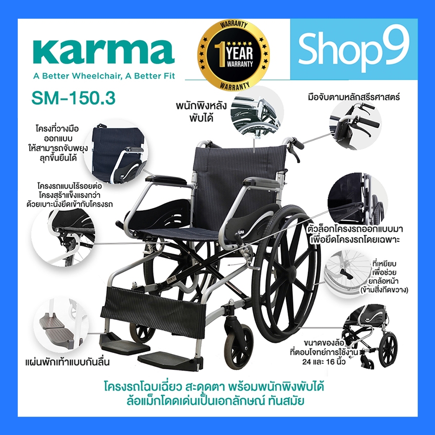 รถเข็นผู้ป่วย วีลแชร์ รถเข็นวีลแชร์ออเจ้า รถเข็น SOMA รุ่น SM-150.3 wheelchair ล้อใหญ่ F24 นิ้ว และ ล้อเล็ก F16 นิ้ว