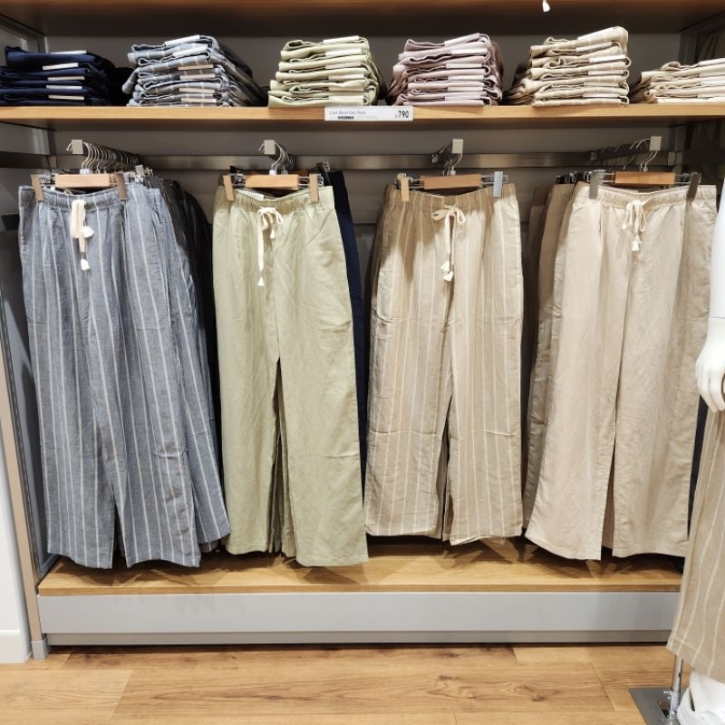 รับหิ้วของแท้ Uniqlo กางเกง ผู้หญิง กางเกง ผ้าลินินผสมคอตตอน ขอบเอวยางยืดผูกเชือกปรับได้ง่าย