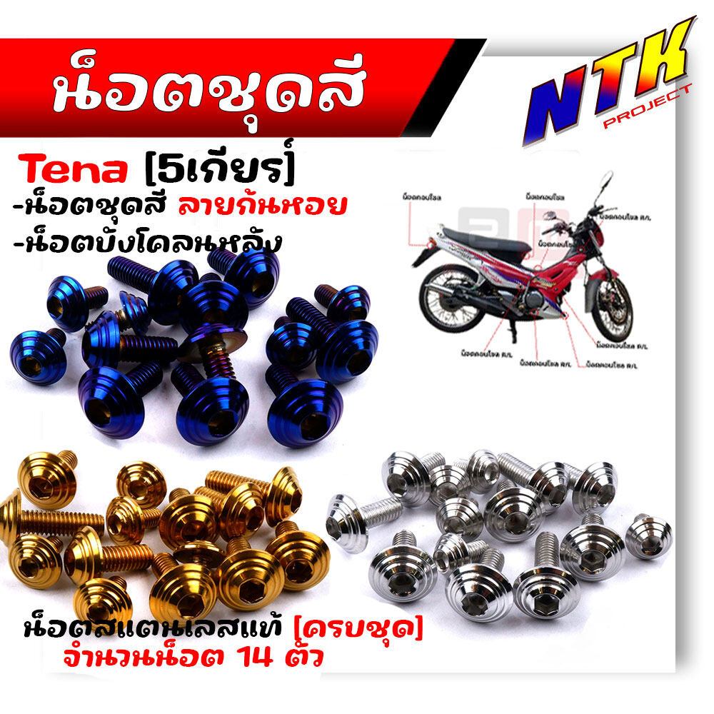 น็อตชุดสี TENA NEW 5เกียร์ (1ชุด14ตัว) เลสแท้100% น็อตชุดสีเทน่า น็อตเฟรมเทน่า น็อตก้นหอย น็อตบังโคลน  ครบชุดรวม