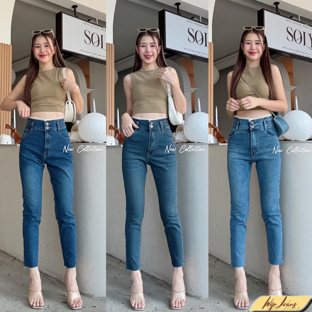 กางเกงยีนส์ผู้หญิงเอวสูงผ้ายืดแต่งขอบลูกไม้ผ้ายืดทรงบอย S-5XL