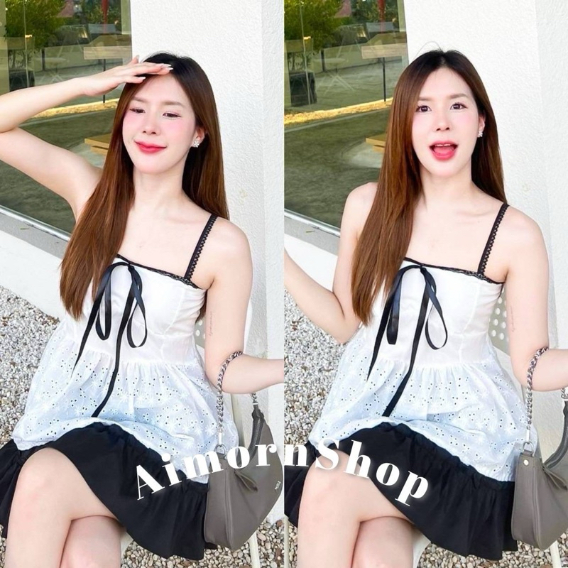 aimorn_shop เสื้อสายเดี่ยว แต่งขอบลูกไม้ มีแบบผูกโบว์สีขาว ใส่แมทช์กับกระโปรงน่ารักมากก