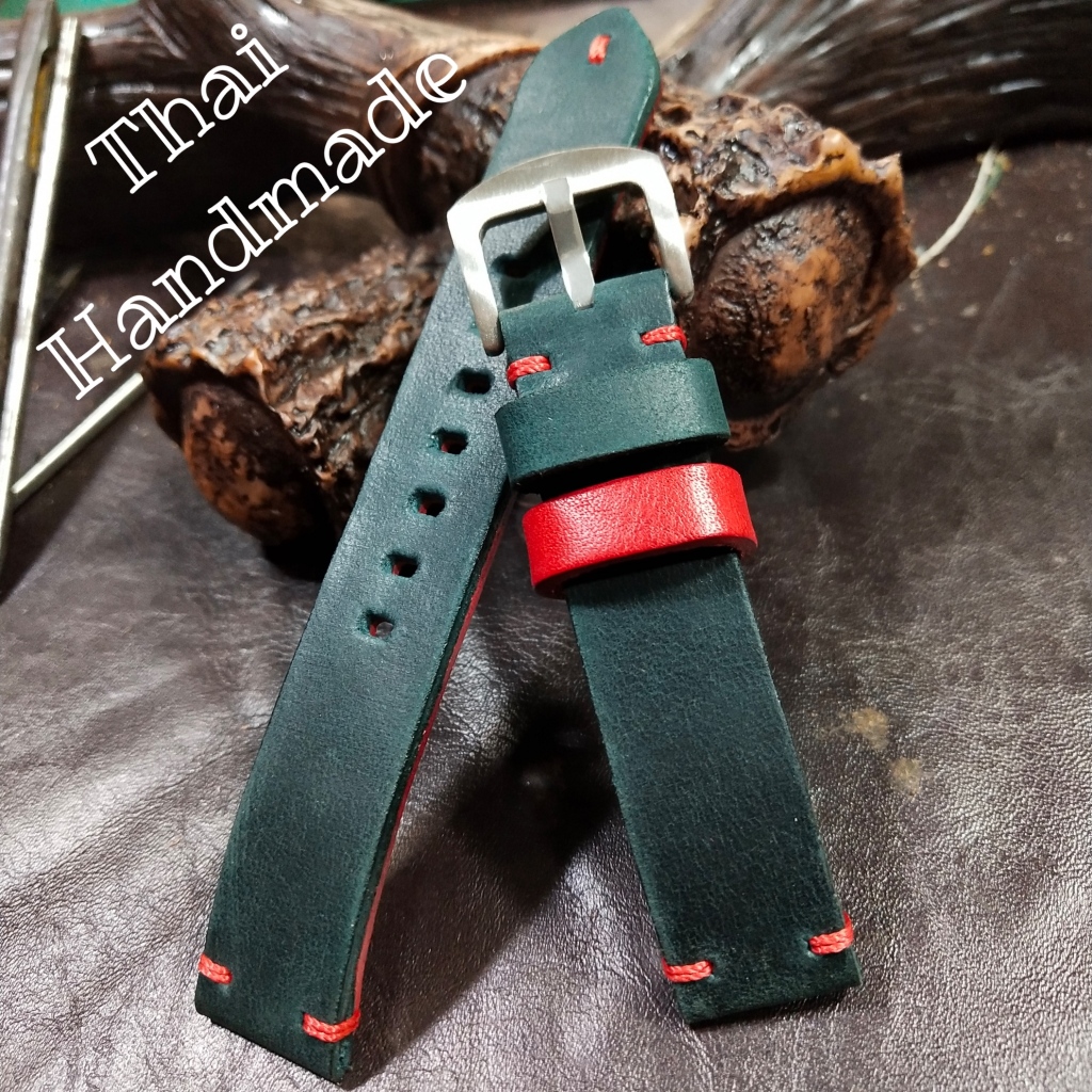 สายนาฬิกาหนังแท้ สีเขียว-แดง #รุ่นGreen_Red มีขนาด 18-30 mm. งานhandmade แถมฟรีสปริงสำรองและที่เปลี่ยนสาย