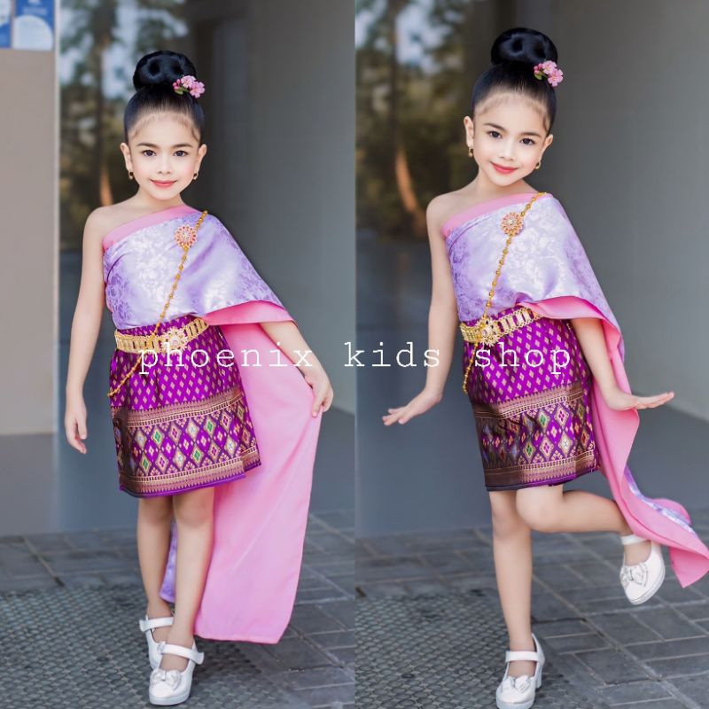 (#ND)ชุดไทยเด็กผู้หญิงประยุกต์ ชุดไทยสไบ ผ้าถุงสั้น