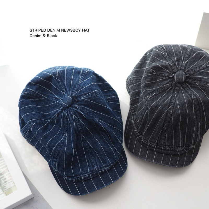 STRIPED DENIM NEWSBOY HAT หมวกทรงนิวส์บอย ย้อนยุค เนื้อผ้ายีนส์ฟอก ทอลายเส้น