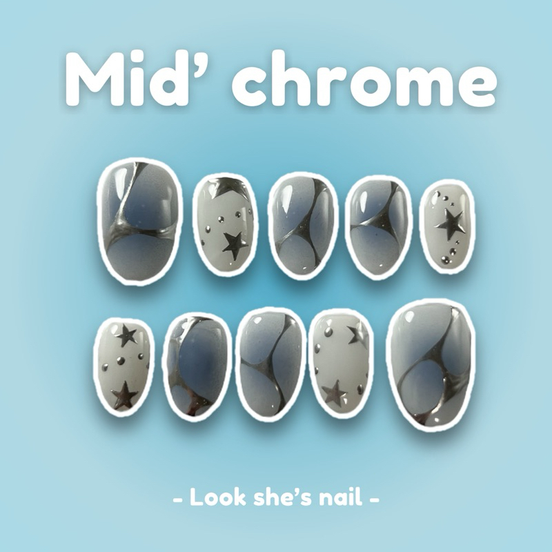 'Mid chrome' รหัส 2404 เล็บปลอมสไตล์ Y2K เล็บเจลแท้ เล็บปลอมพร้อมติด