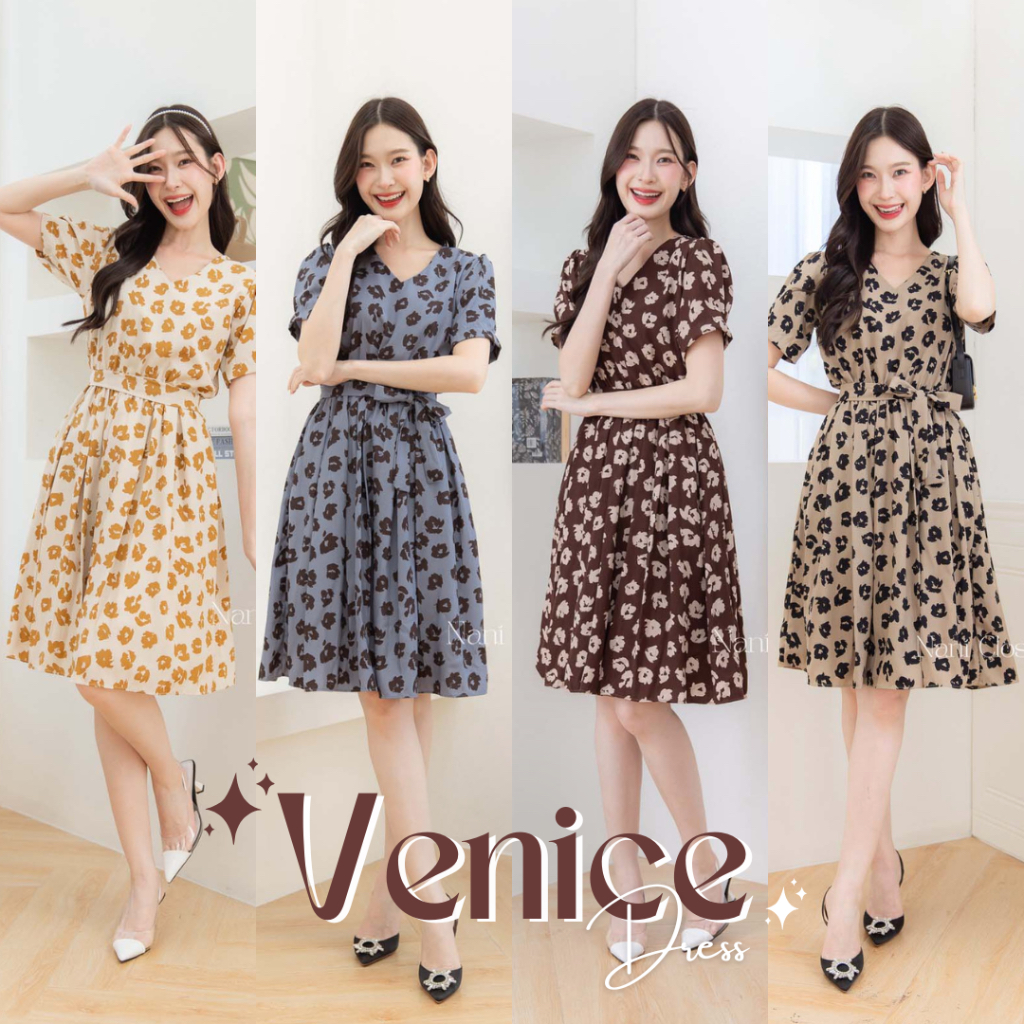 Venice Dress เดรสทำงานคอวี คลาสซี่แบบมีสไตส์ กระโปรงจับจีบทวิส มีซับใน เนื้อนิ่มสบัดตากดีๆไม่ต้องรีด