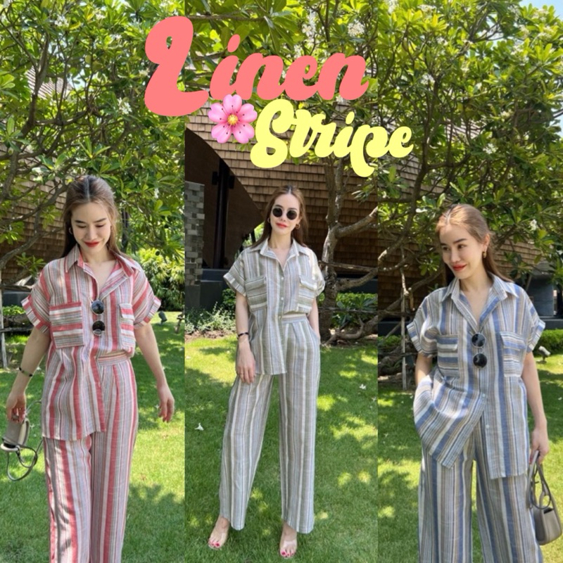 ชุดเซ็ตลินิน LINEN GIRL ผ้าลินินอย่างดี ลายทางเซ็ตเชิ้ตกระเป๋าหน้าแขนเบิ้ล กางเกงฟรีไซส์ ครบจบในชุดเดียว