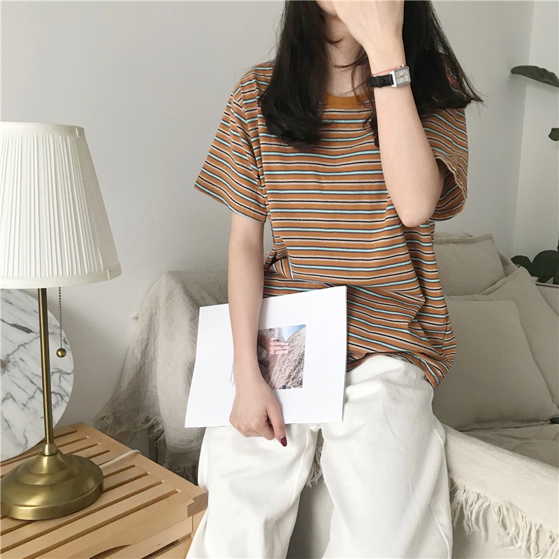 เสื้อยืดลายทางผู้หญิงสไตล์เกาหลี แขนสั้น ทรงหลวม ใส่สบาย มี 3 สี