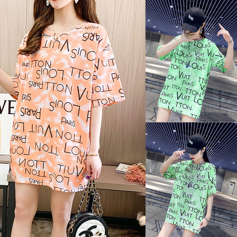 เดรสเสื้อยืดแขนสั้นผู้หญิง Oversize เท่ๆ สื้อผ้าแฟชั่นสาวอวบ พิมพ์ลาย ฮิปฮอป เสื้อโอเวอร์ไซส์เกาหลี สงกรานต์ กําลังฮิต