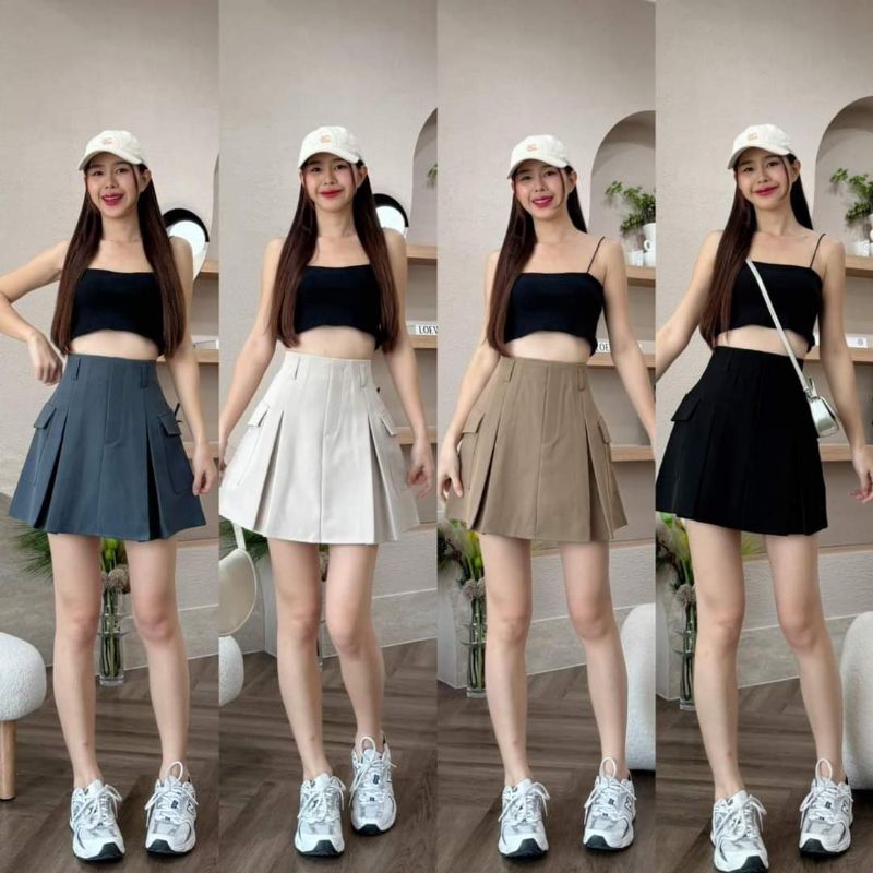 กระโปรงกางเกงแต่งเป๋าคาร์โก้ผ้าป๊อกกี้ S-2XL เอวสูงเก็บพุง พลางหุ่น สะโพก แมทช์เสื้อผ้าได้ทุกแนว