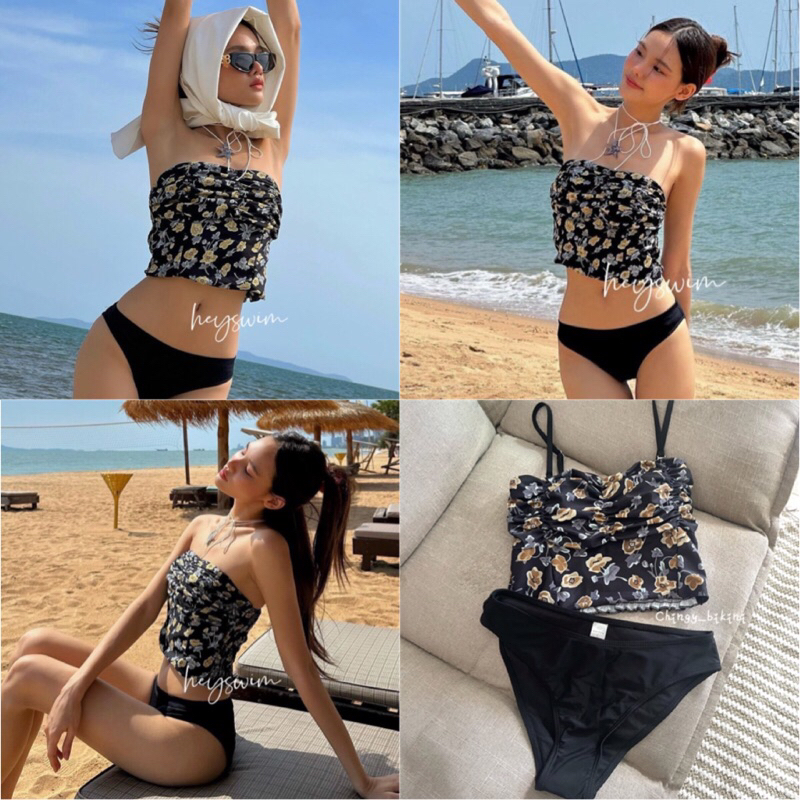 (พร้อมส่งที่ไทย) Black Pansy Set ทูพีชเกาะอก กางเกงเอวต่ำ