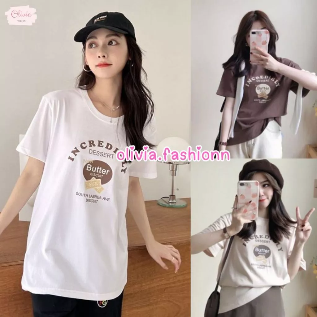 🍓Olivia🍓เสื้อยืด สกรีนลาย ขนมบิสกิต สีเอิร์ธโทน ผ้านิ่มยืด ฟรีไซส์ใส่สบาย #A28